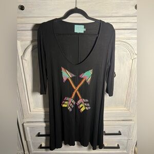 Judith March Black Jersey Deep V-Neck Embroidered Arrows‎ Dress Boho Flowy